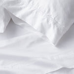 Full sheet set lifestyle in white cotton, detail view for Airbnb hosts
