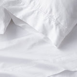 Full sheet set lifestyle in white cotton, detail view for Airbnb hosts