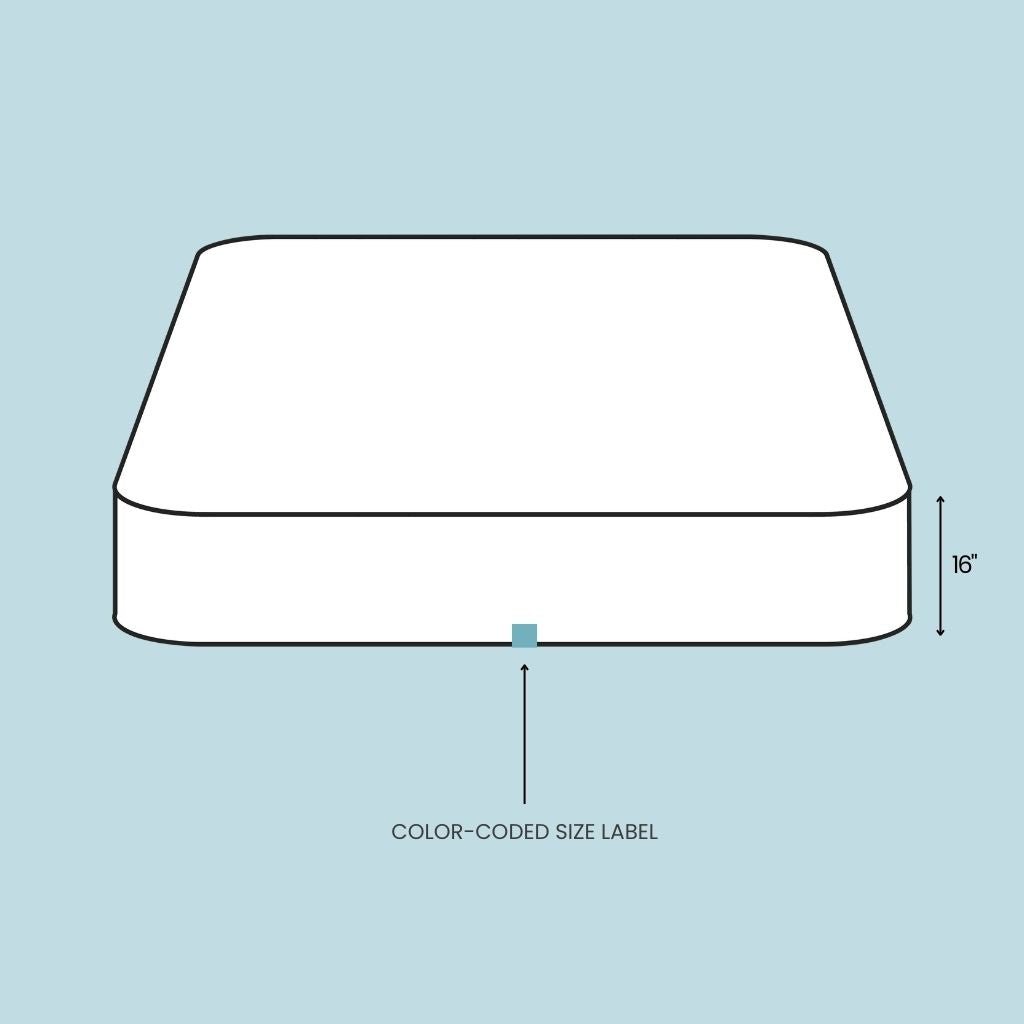 Line drawing diagram of Fix Linens Cal King mattress protector with labeled size specifications and fitted depth dimensions.