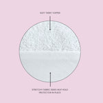Illustration showing cross-section of Fix Linens mattress protector with terry fabric surface and stretch-knit side material.