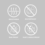 Set of four Fix Linens feature icons representing breathability, waterproof protection, dust defense, and bug barrier.