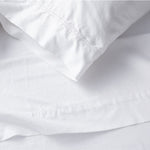 Twin sheet set lifestyle in white cotton, detail view for Airbnb hosts