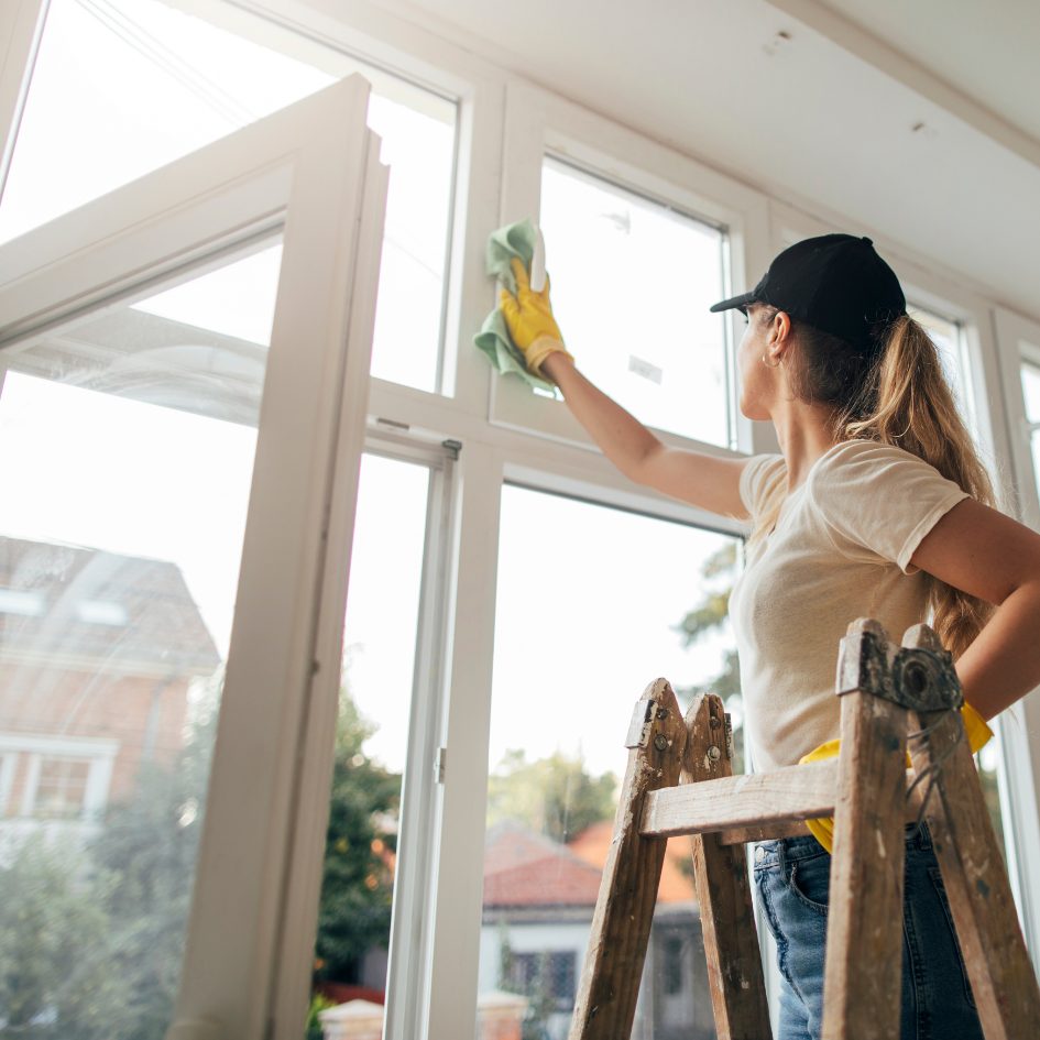 woman cleaning a window