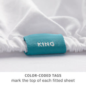 
                  
                    fix linens simple sort sheets. close up detail of a blue tag reading “KING”. This tag marks the top-center of the fitted sheet
                  
                
