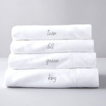Fix Linens flat sheets are marked with embroidery lines. These lines indicated sheet sizes. King = three lines, queen = 2 lines, full= 1 line and twin=0 lines, easy to see sizes, sort sheets, organized sheet for hosts