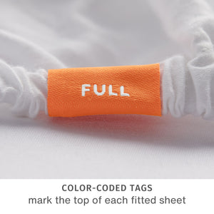 
                  
                    fix linens simple sort sheets. close up detail of a orange tag reading “FULL”. This tag marks the top-center of the fitted sheet
                  
                