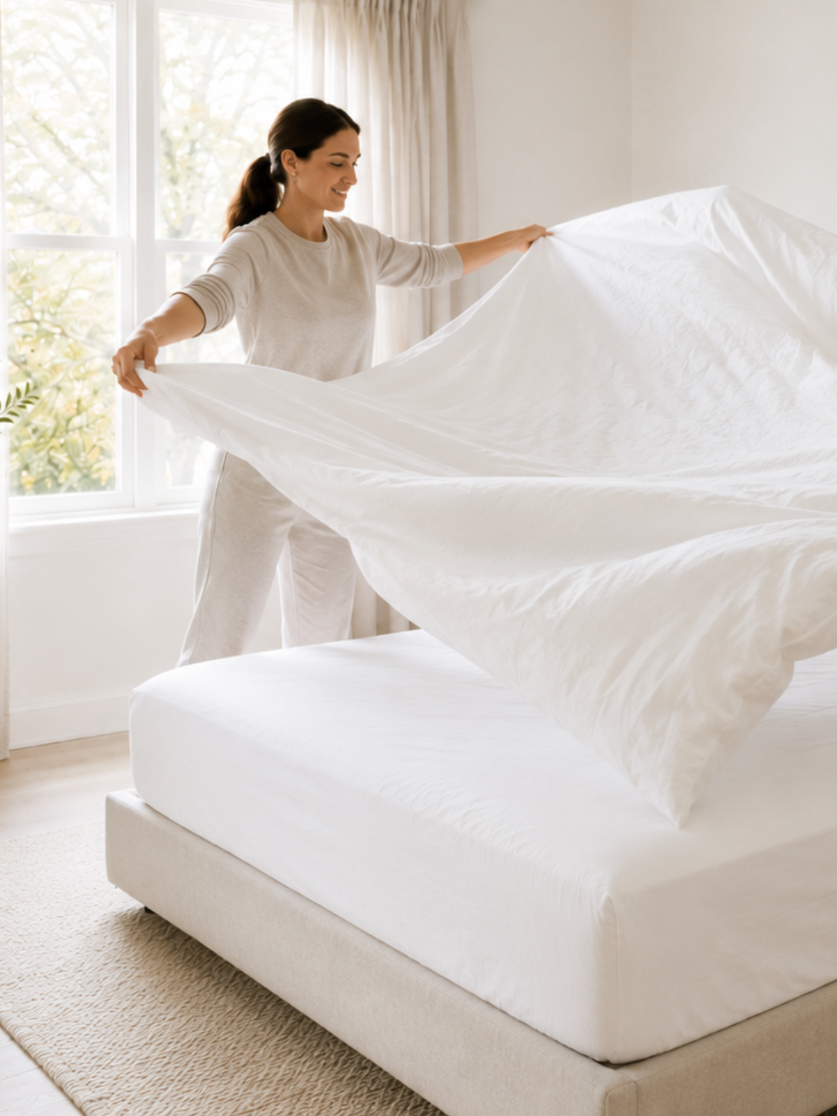 Person arranging white bedding on a bed in a bright room.